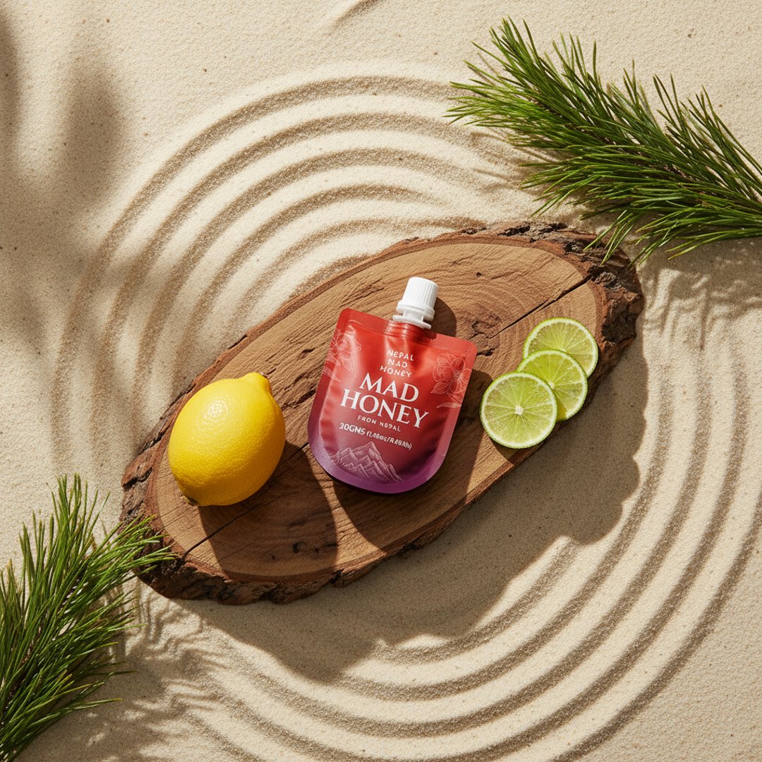 Mad Honey pouch on a wooden board with lemon and lime slices on a sandy background