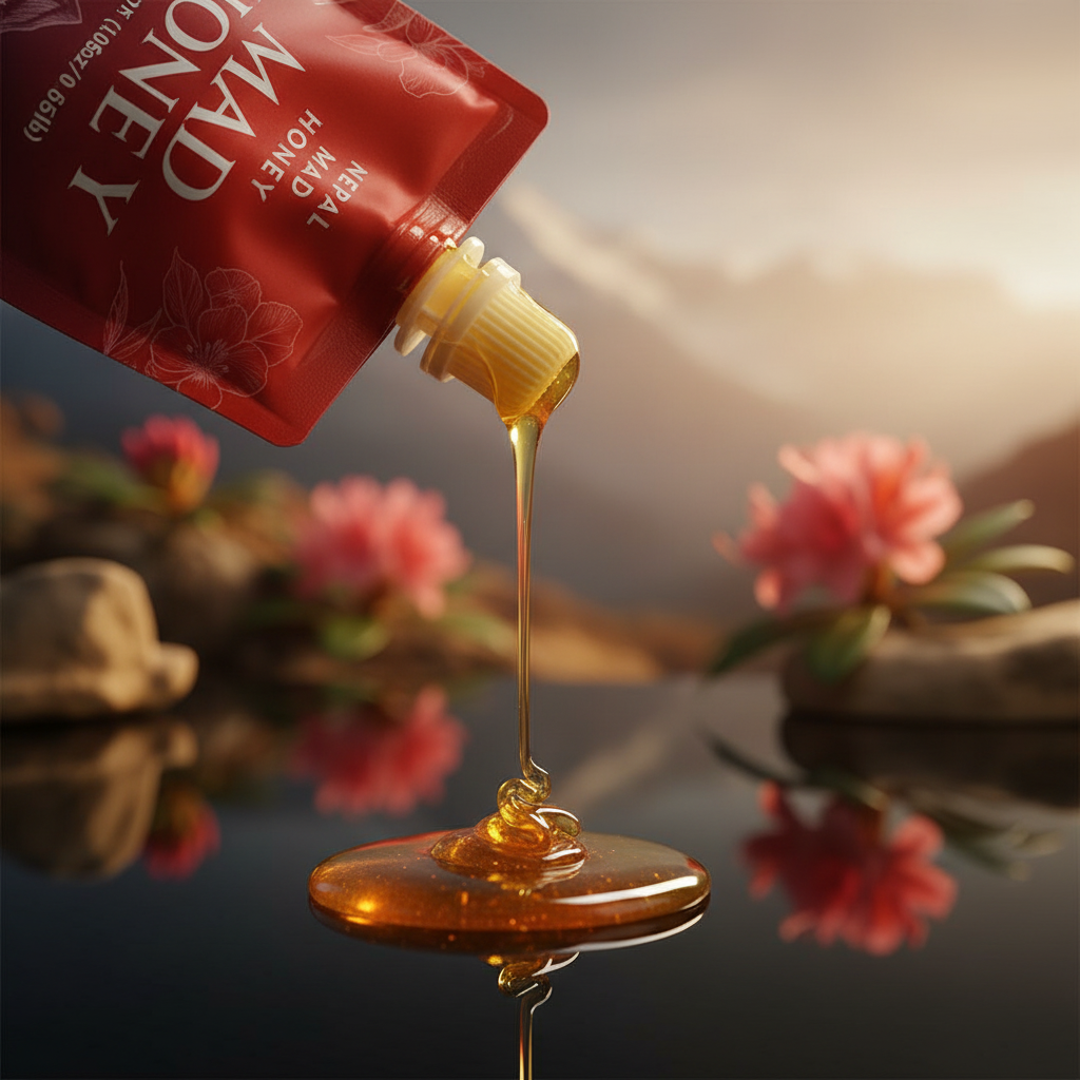 Red honey packet with a honey dipper over flowers